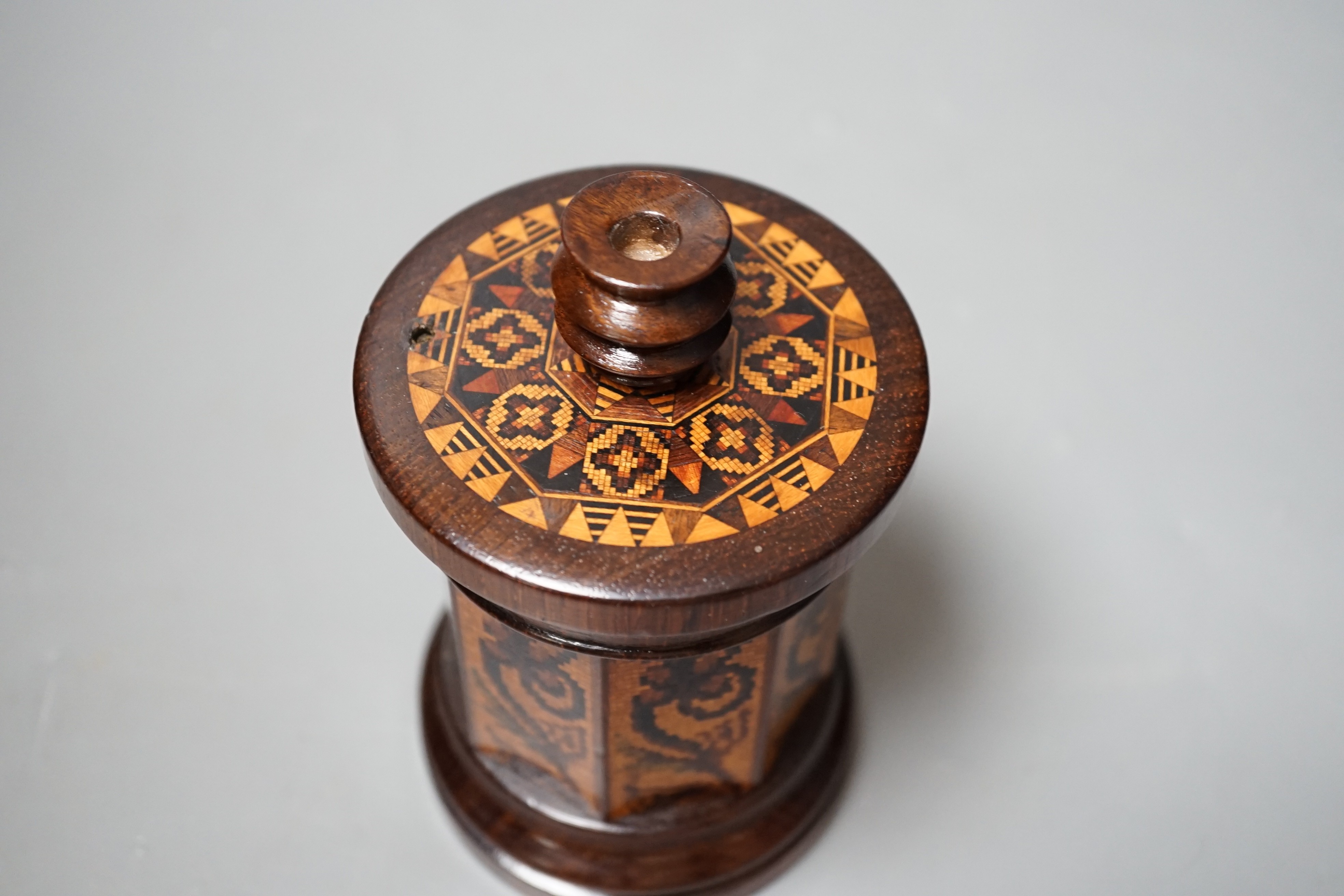 A Tunbridge ware rosewood tesserae mosaic sewing thread box with taperstick top, 13.5cm high
